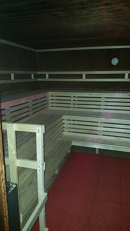 Holzsauna mit Eckbänken und rotem Boden.